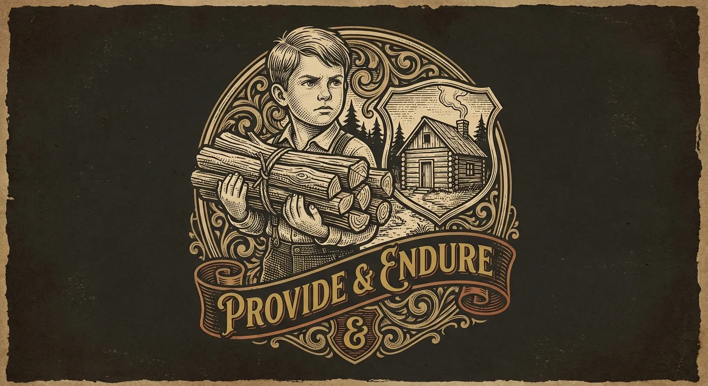 Engraving of a boy carrying firewood with a determined expression, homestead setting