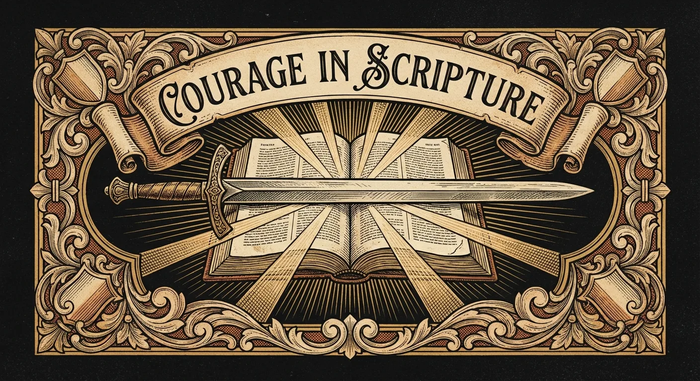 Engraving of an open Bible with a sword laid across its pages