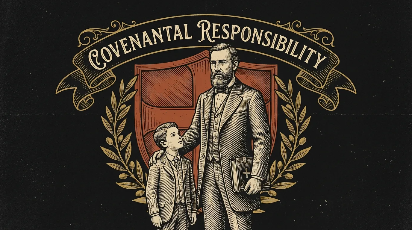 Engraving of a father with hand on son's shoulder, shield and cross behind them