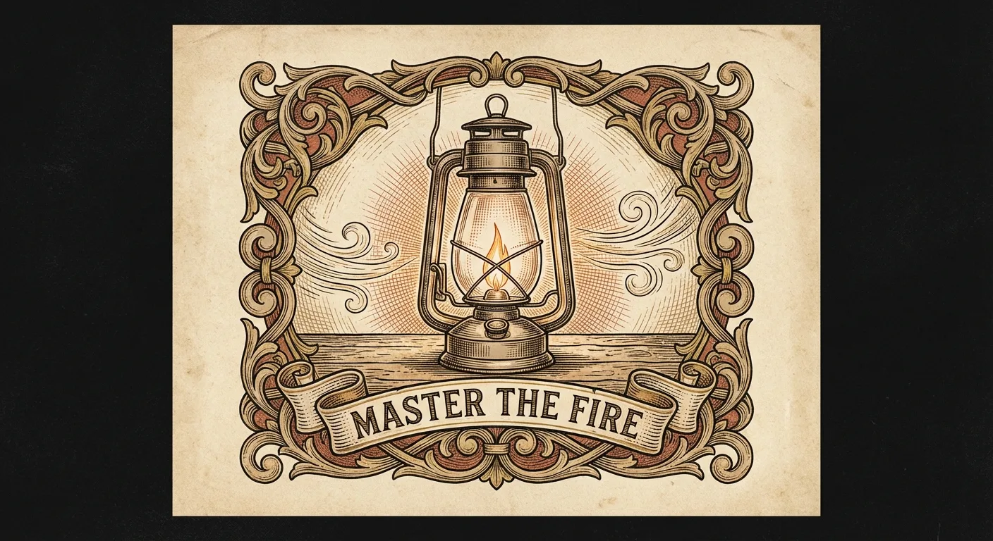 Engraving of a flame being held steadily inside a lantern