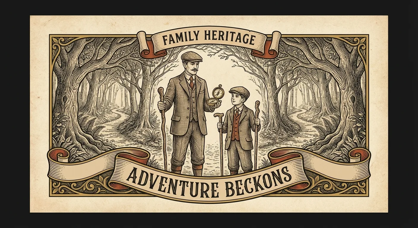 Engraving of a father and son standing at the edge of a forest trail with walking sticks and a compass