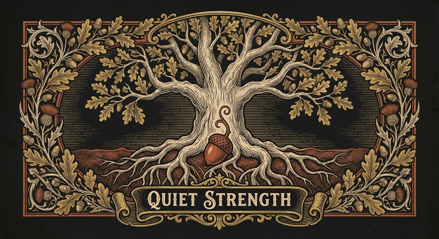 Engraving of a small acorn sprouting beside a tall oak tree