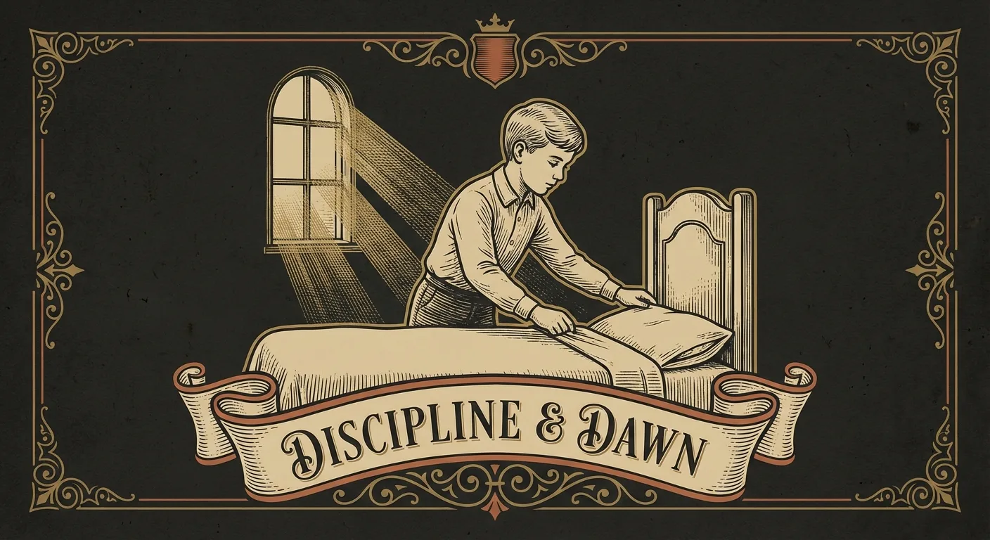 Engraving of a boy at dawn making his bed with military precision, morning light through the window