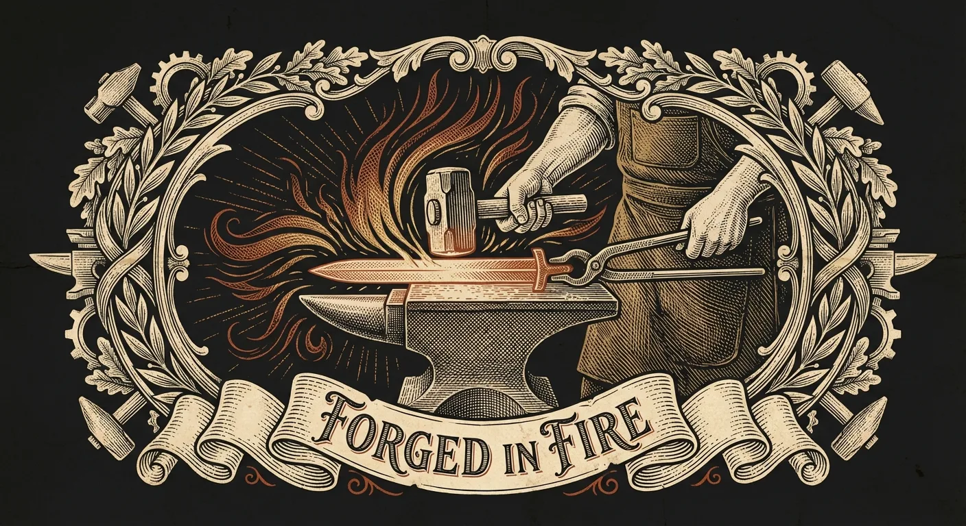 Engraving of a sword being forged on an anvil with sparks
