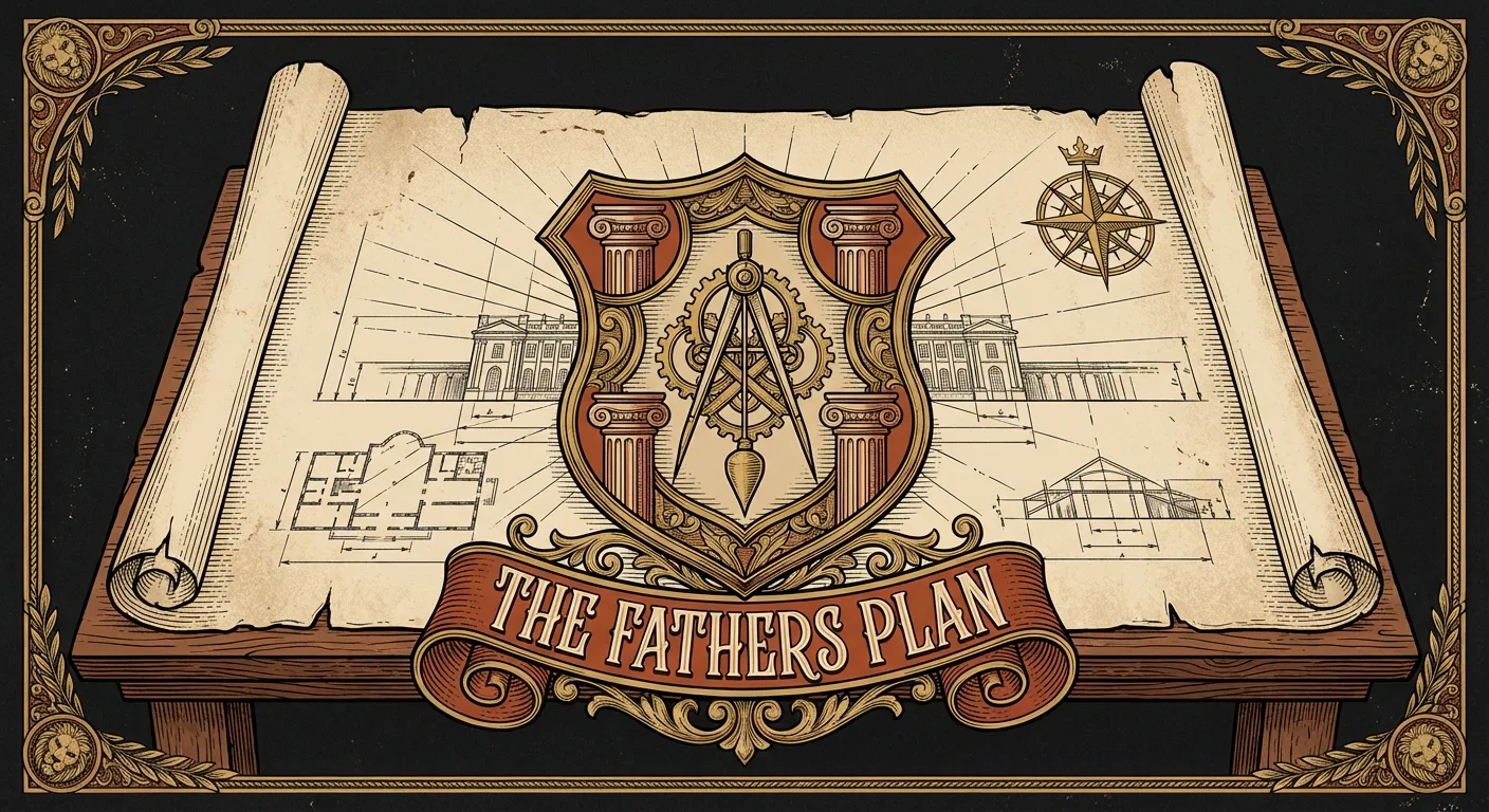 Engraving of a blueprint scroll with a shield and compass overlay