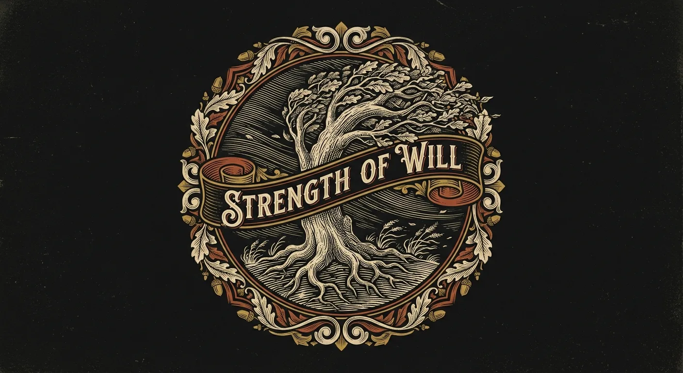 Engraving of a young oak tree bending in strong wind but rooted deep