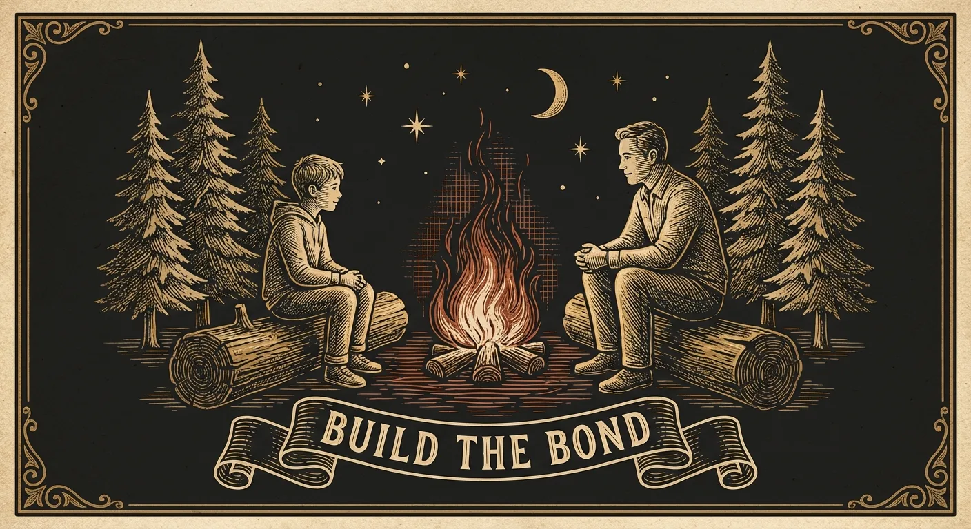 Engraving of a campfire with two figures sitting on logs beside it