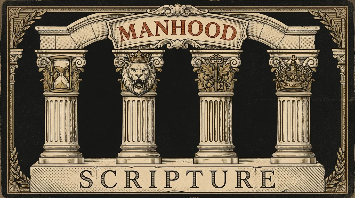 Four classical pillars labeled Discipline, Courage, Responsibility, and Leadership supporting an arch marked Manhood