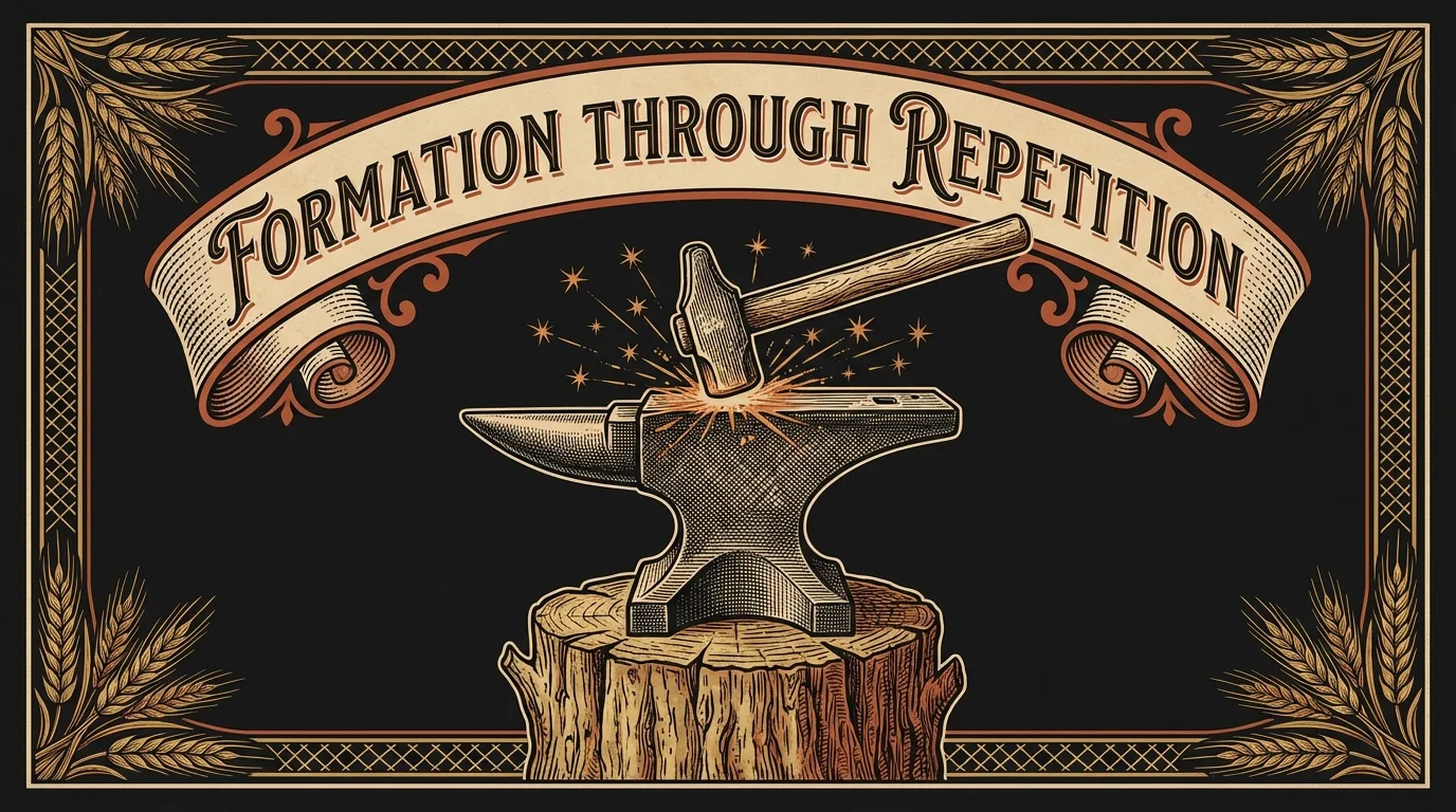 Engraving of a hammer striking an anvil, sparks forming stars, symbolizing intentional formation