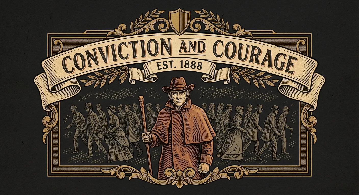 Engraving of a lone figure standing firm while a crowd moves in the opposite direction