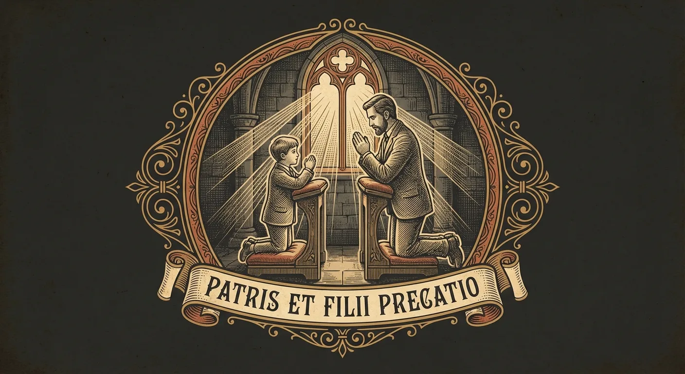 Engraving of a father and son kneeling together with hands folded, light streaming through a window