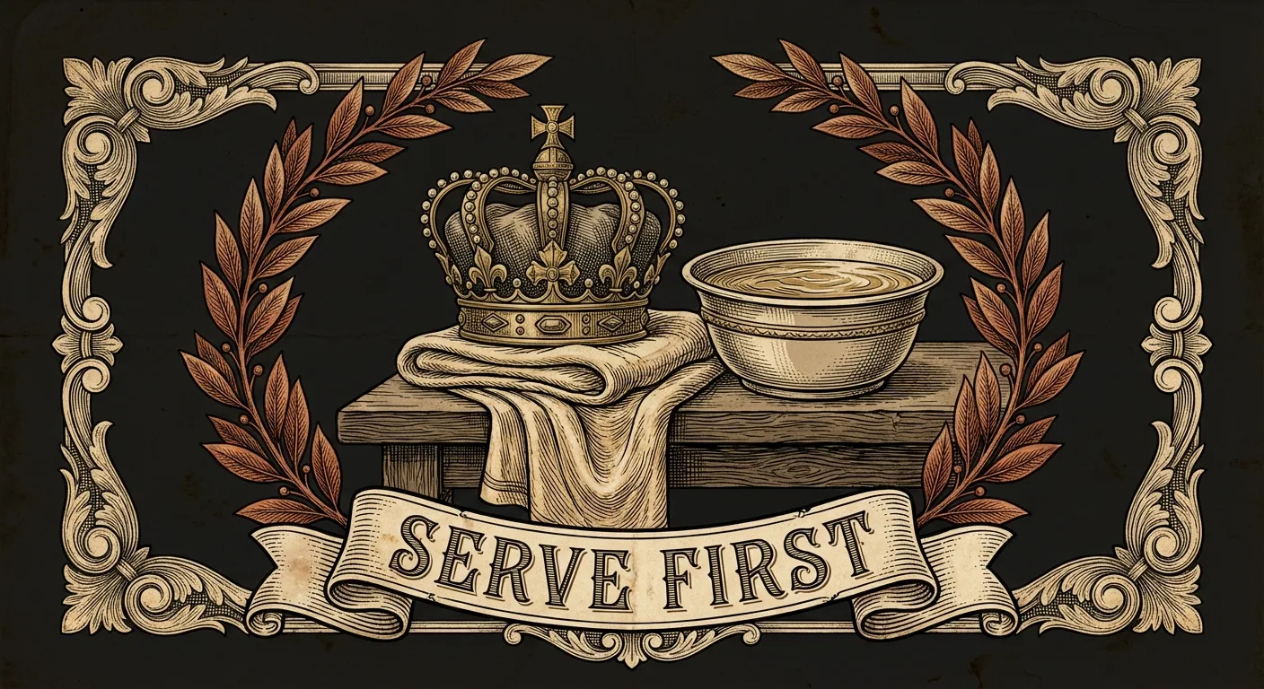 Engraving of a crown resting on a servant's towel