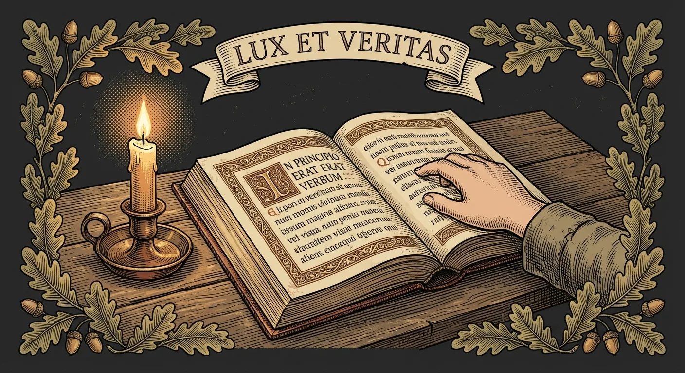 Engraving of an open Bible with verses highlighted, a boy's hand tracing the words