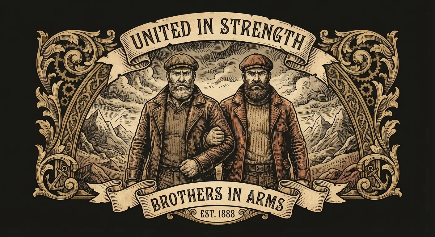 Engraving of two brothers standing shoulder to shoulder facing a challenge together