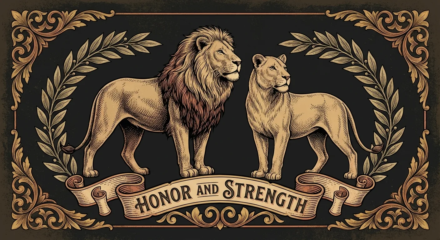 Engraving of a young lion standing alongside an older lion