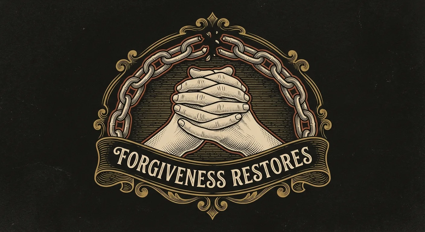 Engraving of two hands clasped in reconciliation, broken chain between them