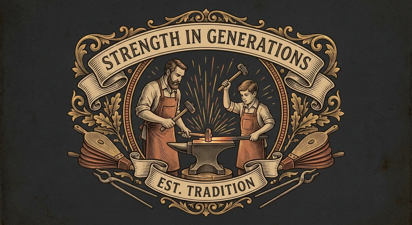 Engraving of a father and son working together at a forge, hammering hot iron