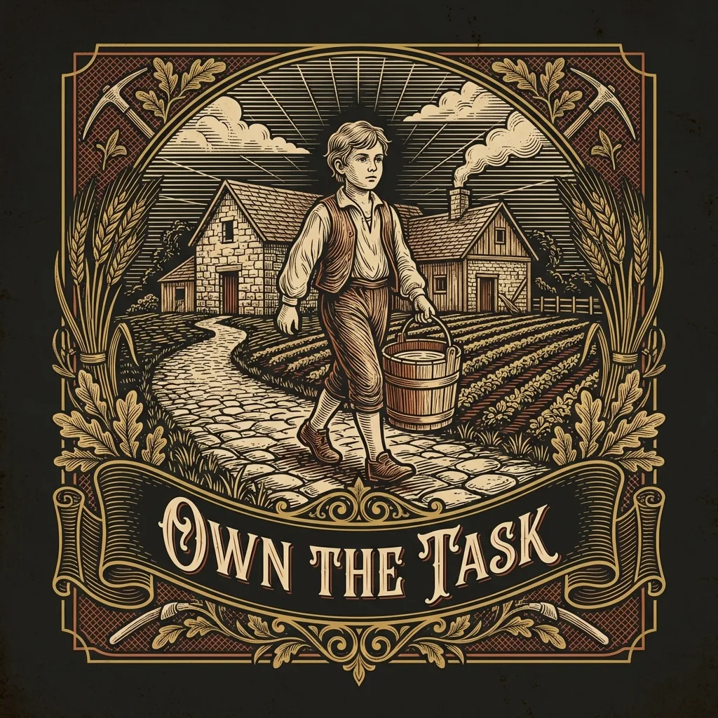 Engraving of a young boy carrying a wooden bucket with purpose