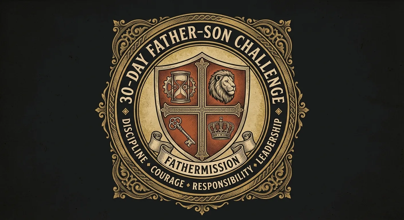 Heritage badge for the 30-Day Father-Son Challenge featuring a four-pillar shield